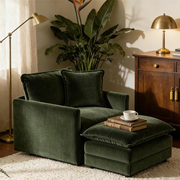 VEPXXP 41.4" Oversized Chenille Accent Chair with Ottoman, Modern Deep Seat Lounge Chair, Comfy Upholstered Armchair for Living Room Bedroom Apartment Small Space, Green