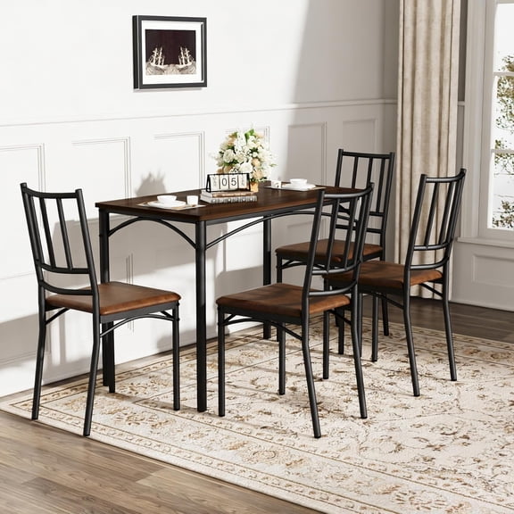 VEPXXP 43.3" 5 Piece Dining Table Set for 4, Industrial Wood & Metal Kitchen Table with PU Upholstered Benches, Space Saving Dinette Set for Breakfast Nook Living Room Party Room, Black