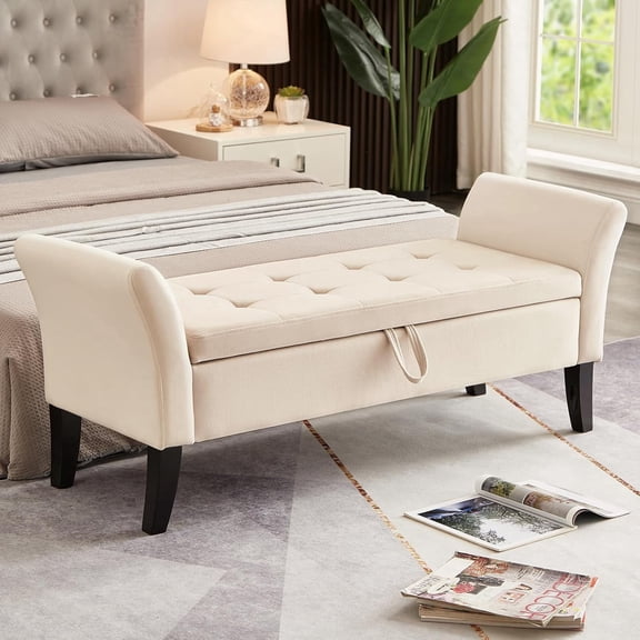 VEPXXP 51.5" Velvet Storage Bed Bench, Button Tufted Ottoman Bench with Curved Arms, End of Bed Entryway Hallway, Beige
