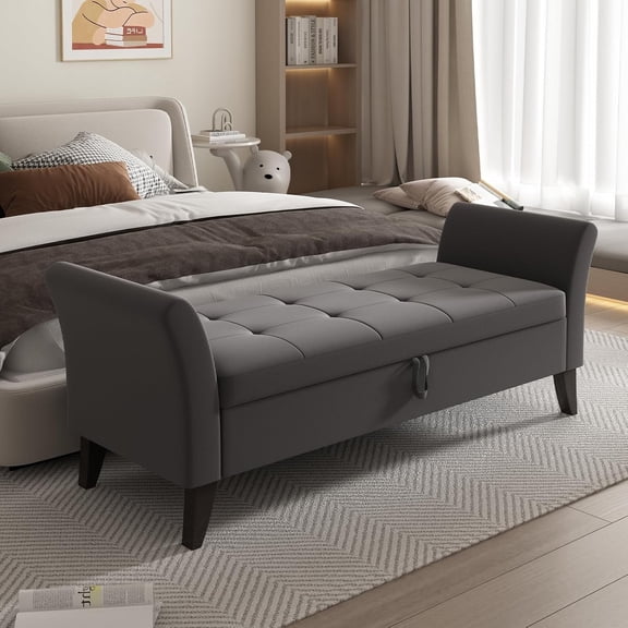 VEPXXP 51.5" Velvet Storage Bed Bench, Button Tufted Ottoman Bench with Curved Arms, End of Bed Entryway Hallway, Grey