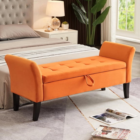 VEPXXP 51.5" Velvet Storage Bed Bench, Button Tufted Ottoman Bench with Curved Arms, End of Bed Entryway Hallway, Orange