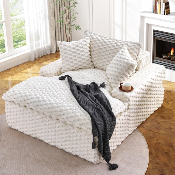 VEPXXP 51" Chaise Lounge Sofa Turtle Fleece Fabric Two Pillows Extra Wide Cushion Comfort Bearing Modern Minimalist Living Room Small Apartment Cozy Accent Chair - White