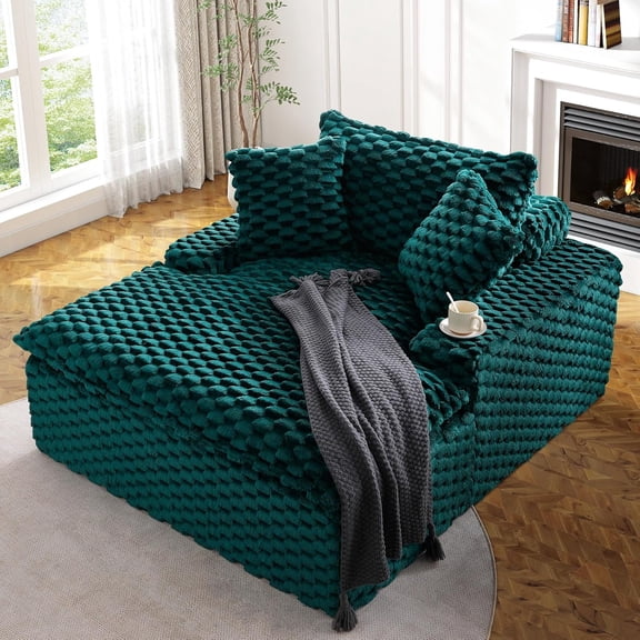VEPXXP 51" Chaise Lounge Sofa Turtle Fleece Fabric Two Pillows Extra Wide Cushion Comfort Bearing Modern Minimalist Living Room Small Apartment Cozy Accent Chair - Green
