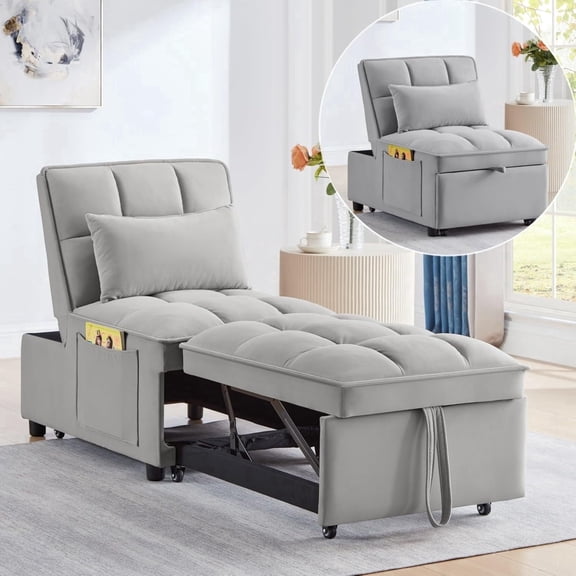 VEPXXP 55" Velvet Single Pull Out Sofa Bed with Adjustable Backrest and Storage Pockets, Tufted Chaise Lounge Sleeper for Small Space,Gray