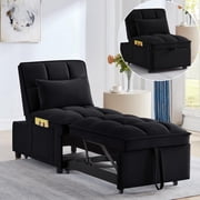 VEPXXP 55" Velvet Single Pull Out Sofa Bed with Adjustable Backrest and Storage Pockets, Tufted Chaise Lounge Sleeper for Small Space Living Room Guest Room, Black