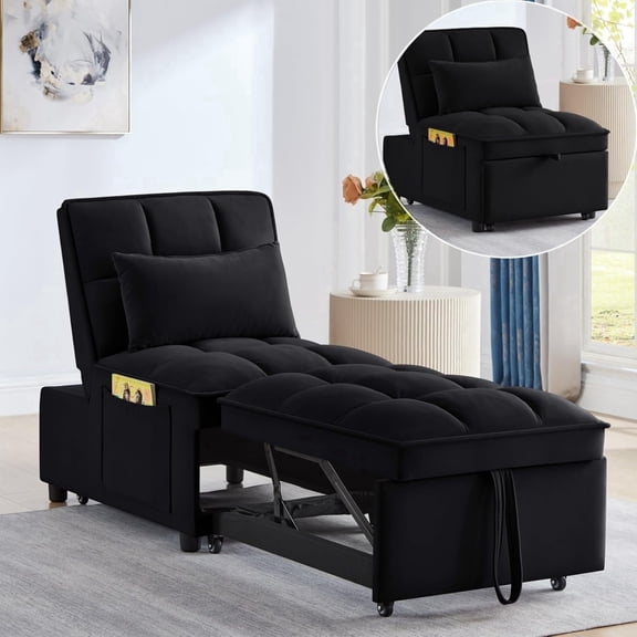 VEPXXP 55" Velvet Single Pull Out Sofa Bed with Adjustable Backrest and Storage Pockets, Tufted Chaise Lounge Sleeper for Small Space Living Room Guest Room, Black