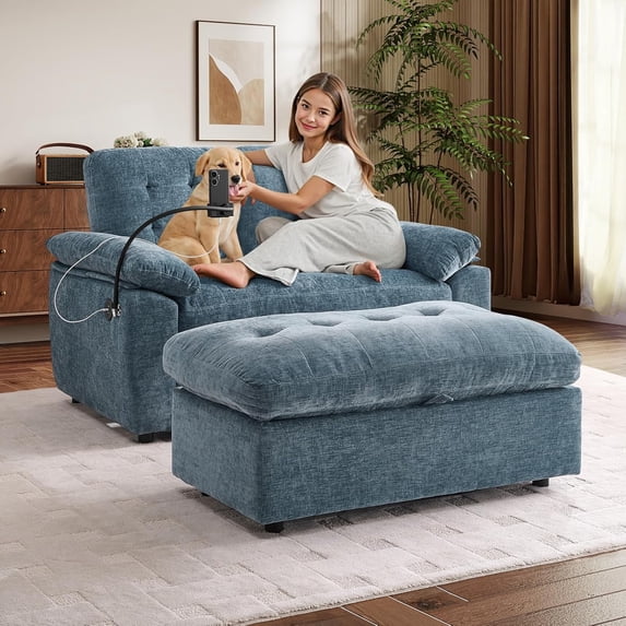VEPXXP 56" Double Sofa Recliner - Modern Chenille Fabric Loveseat with Manual Adjustable Backrest for Living Room Small Space Compact Theater Couch - Blue