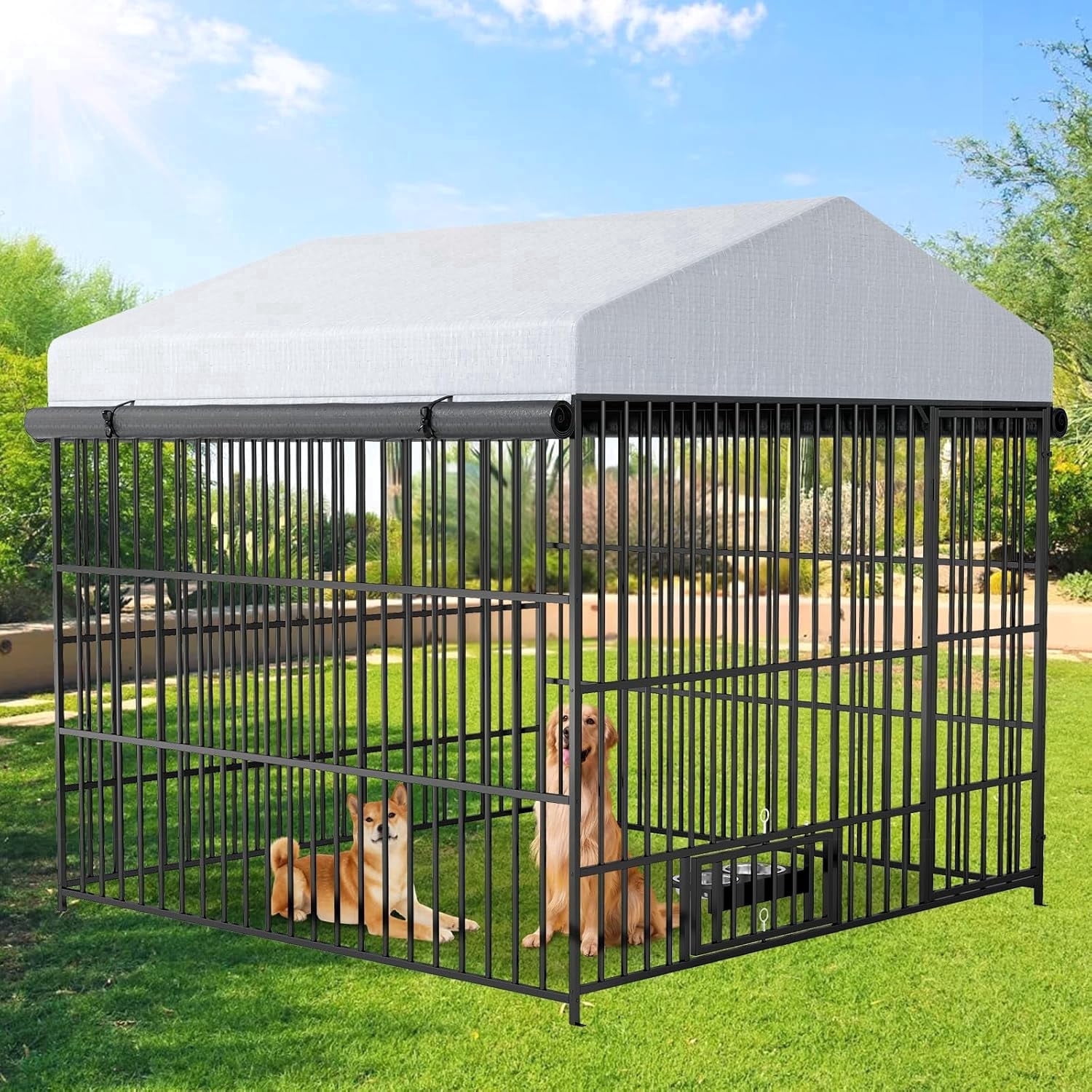 QuzyAor 6.6‘x6.6’x6.4‘ Galvanized Steel Outdoor Dog Kennel, Heavy Duty Metal Dog Run with Waterproof UV-Proof Roof & Rotating Bowls, Black