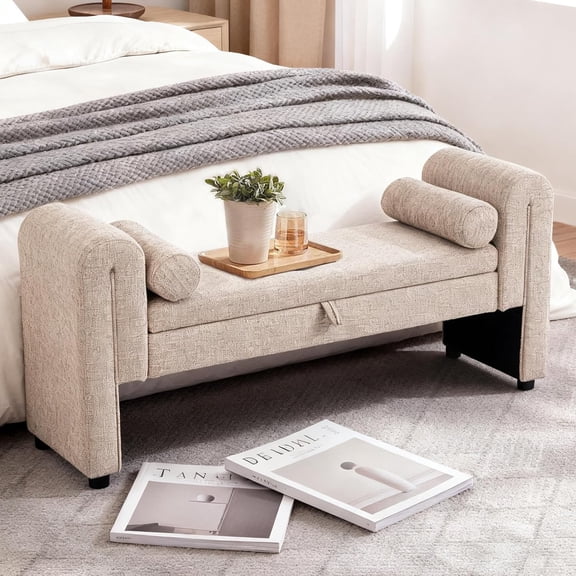 VEPXXP 60" Wood Storage Bench, Modern End of Bed Bench with Storage, Multi-Purpose Ottoman for Bedroom, Beige