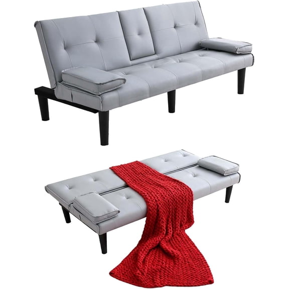 VEPXXP 67" Futon Sofa Bed, PVC Faux Leather, Modern, Fold-Down Cup Holders, Convertible Foldable Sleeper Couch for Living Room Apartment Small Space, Light Gray
