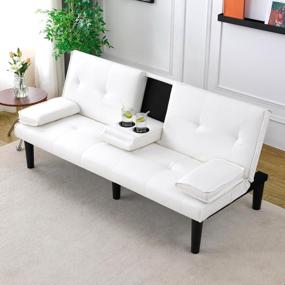 VEPXXP 67" Futon Sofa Bed, PVC Faux Leather, Modern, Fold-Down Cup Holders, Convertible Foldable Sleeper Couch for Living Room Apartment Small Space, White