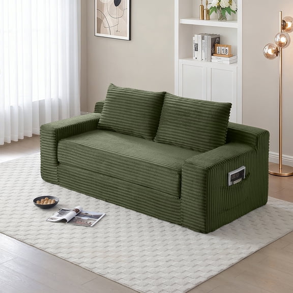 VEPXXP 73" Corduroy Boneless Cloud Couch, Memory Foam Convertible Folding Sofa Bed, 3-Seater Pull-Out Sleeper with Storage Pockets, No Assembly Floor Lounge Sofa for Living Room, Green