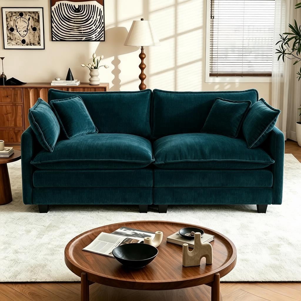 VEPXXP 75.9" Chenille Modular Loveseat, Deep Seat 2-Seater Couch with 4 Throw Pillows, Modern Cloud Sofa for Living Room Apartment Small Space, Blue