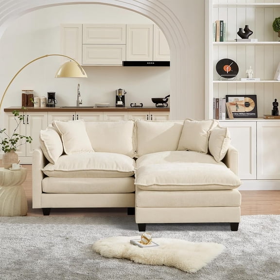 VEPXXP 75.9" L-Shaped Loveseat, Plush Chenille Modular Chaise Lounge with Detachable Ottoman, Stain Resistant Deep Seat Furniture for Small Space, Beige