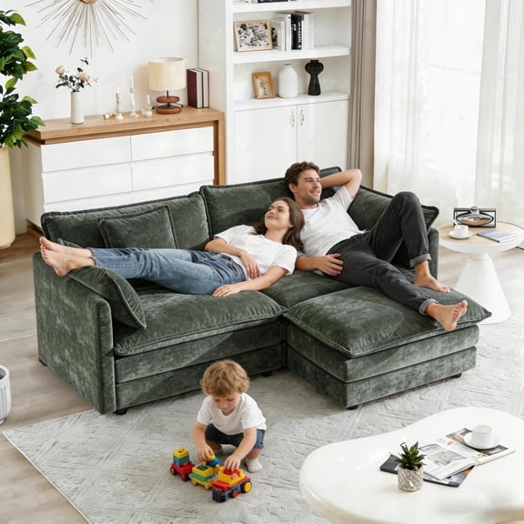 VEPXXP 75.9" L-Shaped Loveseat, Plush Chenille Modular Sectional with Detachable Ottoman, 22.8" Deep Seat Stain Resistant Furniture for Small Living Room, Gray