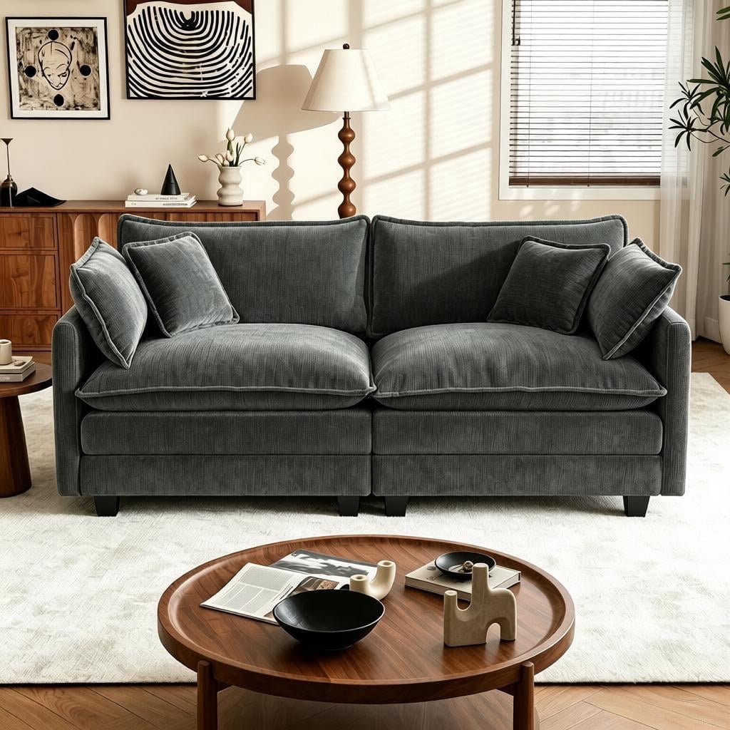 VEPXXP 75.9" Chenille Modular Loveseat, Deep Seat 2-Seater Couch with 4 Throw Pillows, Modern Cloud Sofa for Living Room Apartment Small Space, Gray
