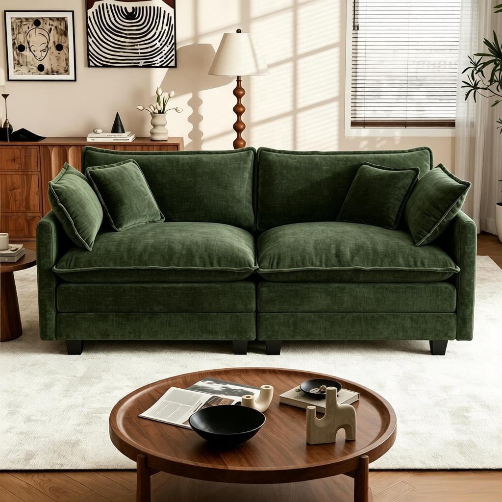 VEPXXP 75.9" Chenille Modular Loveseat, Deep Seat 2-Seater Couch with 4 Throw Pillows, Modern Cloud Sofa for Living Room Apartment Small Space, Green
