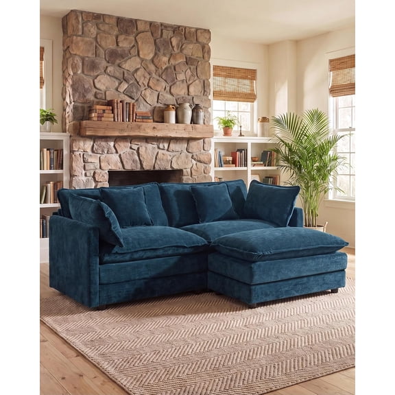 VEPXXP 76.7" Modern Chenille Loveseat Cloud Couch, 2-Seater L Shaped Sofa with Deep Seat, Movable Ottoman and 4 Pillows for Small Living Room, Bedroom and Apartment, Blue