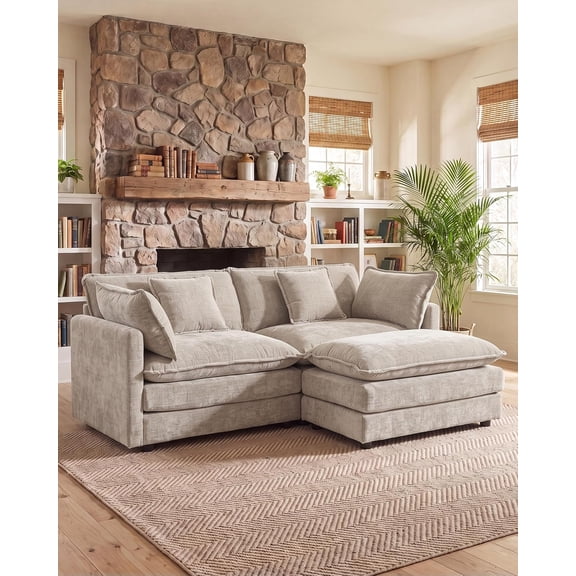 VEPXXP 76.7" Modern Chenille Loveseat Cloud Couch, 2-Seater L Shaped Sofa with Deep Seat, Movable Ottoman and 4 Pillows for Small Living Room, Bedroom and Apartment, Camel