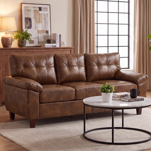 VEPXXP 79" Faux Leather Sofa with Storage, 3-Seater Breathable PU Leather Couch with Wide Pillow-Top Armrest & Tufted Back, Modern Living Room Sofa for Apartment Office, Brown