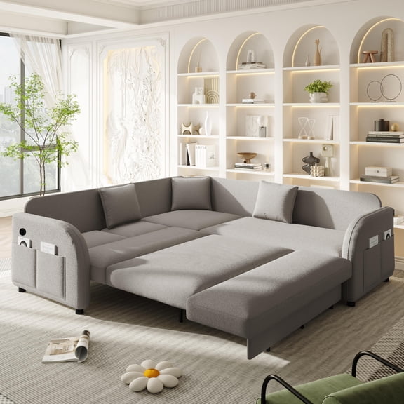 VEPXXP 85.1" L-Shaped Pull Out Sofa Bed, Convertible Sectional Sofa with USB Charging & Side Pockets, Plush Teddy Upholstery for Home Office, LIGHT GREY
