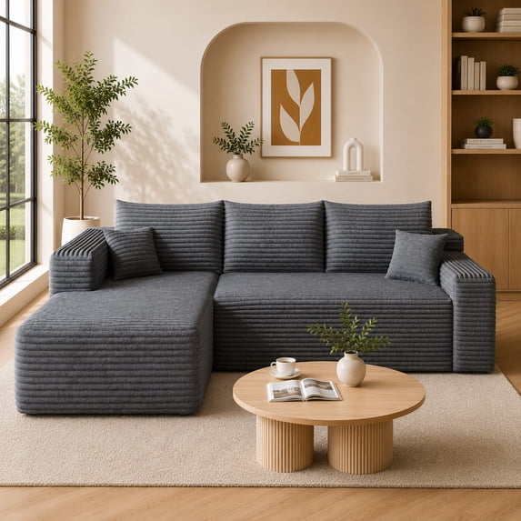 VEPXXP 96" 3-Seater L-Shaped Cloud Sectional Sofa, Plush Corduroy Boneless Modular Couch, Deep Seat Large Couch for Living Room, No Assembly Single Box, Dark Grey