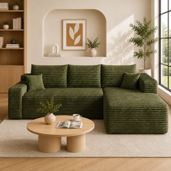 VEPXXP 96" Oversized Boneless L-Shaped Cloud Sectional Sofa, Plush Corduroy Deep Seat Modular Couch for Living Room, No Assembly, Green