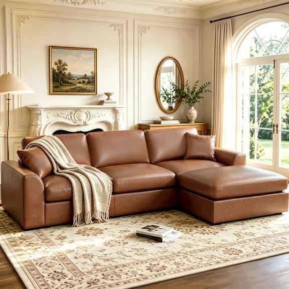 VEPXXP 99.6" Couch PU Leather Modular L-Shaped Sectional Couch, Modern Comfy Deep Seat 3-Seater Sofa with Ottoman & 2 Pillows for Living Room, Brown