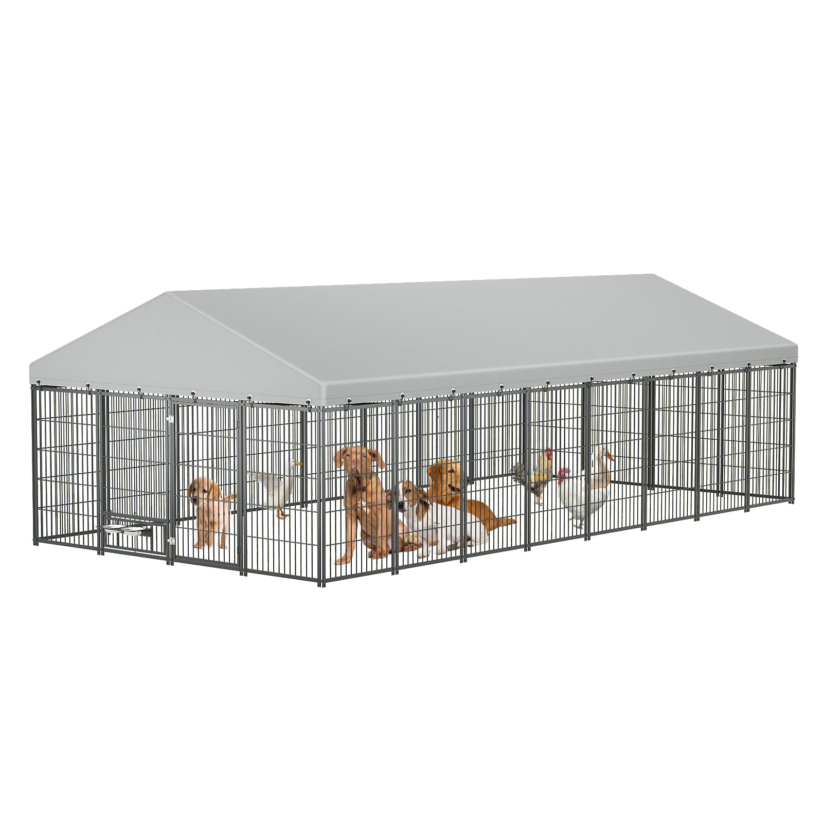 VEPXXP Large Outdoor Dog Kennel 18.9'x9.61'x6.23' Metal Pet Enclosure with Roof & Rotating Feeders
