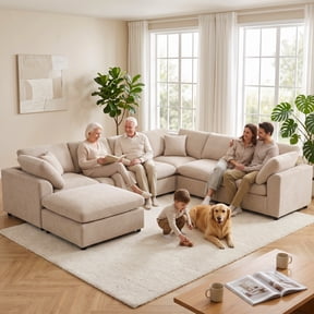 VEPXXP Oversized 7 Seater Modular Sectional Sofa Couch, Large Corner Sofa Modern U-Shaped Chenille Couch with Ottoman Cloud Couches for Living Room, Office, Spacious Space, Beige