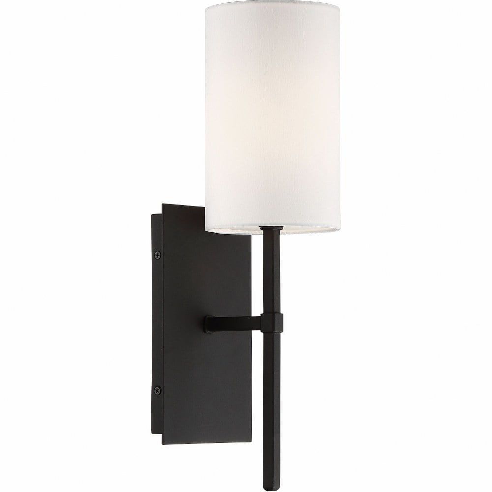 Sleek Black Forged Cylinder Wall Sconce with White Silk Shade