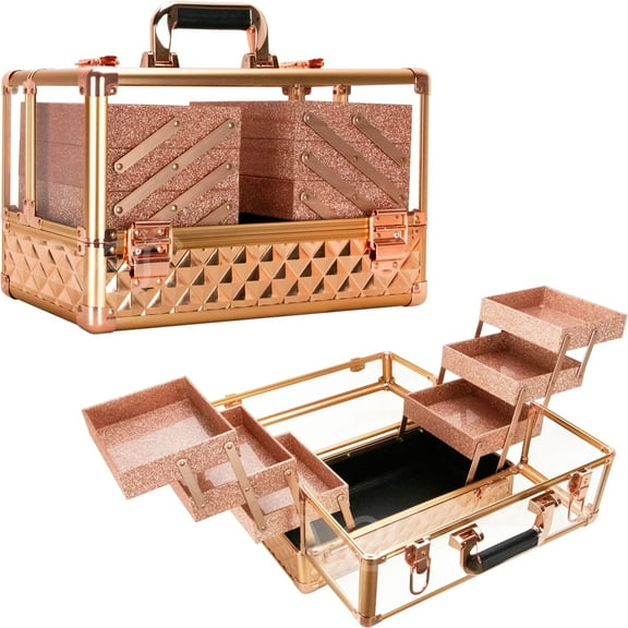 VER Beauty Armored Acrylic 6-Tiers Accordion Trays Professional Cosmetic Makeup Portable Travel Case with Brush Holder (Rose Gold Diamond)