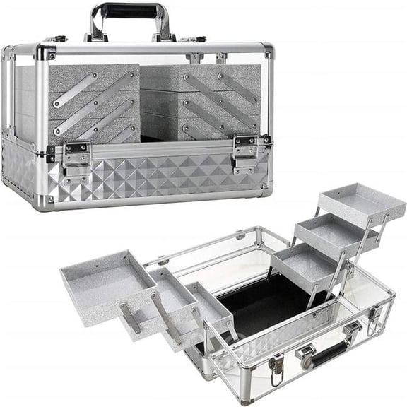 VER Beauty Armored Acrylic 6-Tiers Accordion Trays Professional Cosmetic Makeup Portable Travel Case with Brush Holder (Silver Diamond)