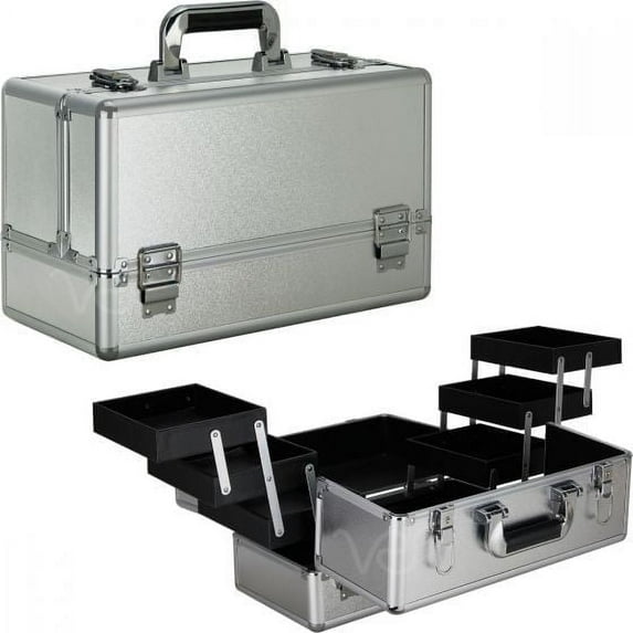 Ver Beauty Makeup Case Organizer with 6 Extendable Trays,Keylock & Portable Train Kit (Silver Matte)