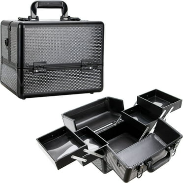 VER Beauty Professional Aluminum 4-Tiers Accordion Trays Makeup Cosmetics Train Case Salon Cosmetology Portable Handheld Organizer Large Lockable Box (Black Crystal)
