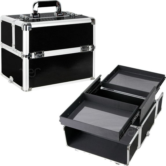 Ver Beauty Black Aluminum Train Case with Sliding Trays, Lockable Storage, Expandable Modular Design, 13.5" x 9.5" x 10.75"