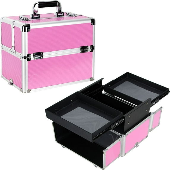 Ver Beauty Makeup Organizer, Cosmetic Travel Kit, Makeup Artist Supplies, 2 Sliding Trays, Lockable Storage Box, Makeup Train Case, Aluminium Case, Lightweight Makeup Vanity (Pink Stripes)