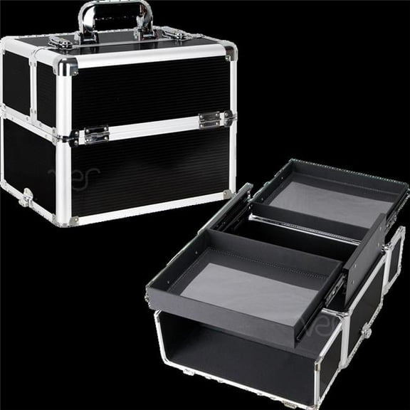VER VP019-61 Stripe Professional Aluminum Upgradeable 2 Lockable Sliding Tray Makeup Train Case, Black - Large