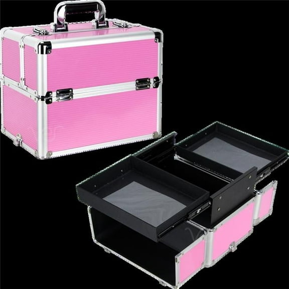 VER VP019-63 Stripe Professional Aluminum Upgradeable 2 Lockable Sliding Tray Makeup Train Case, Pink - Large