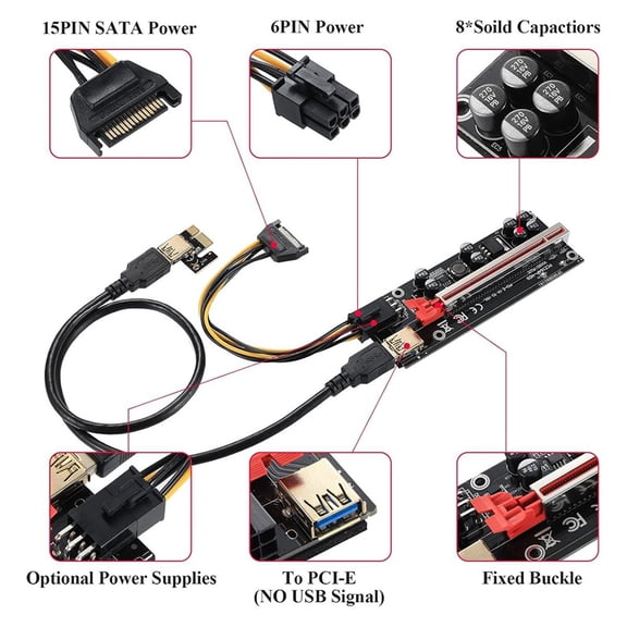 VER009S Plus PCI-E Riser Card 009S Plus PCIE X1-X16 4Pin 6Pin Power USB 3.0 Cable for Graphics Card GPU Miner Mining B
