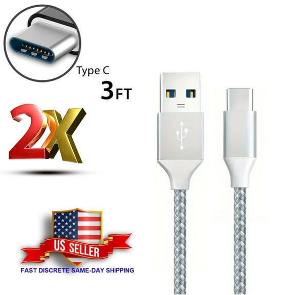 VERA 2 pcs 3.3 ft Silver Data Cable Braided Super Compatibility Flexible Type-C Fast Speed Charger Cord for Type-C/for Android Phone