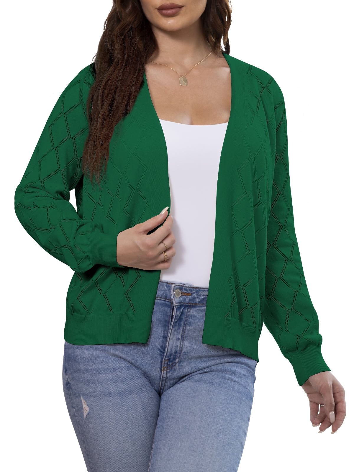Women's Casual Cardigan Long Sleeve Front Open Lightweight Rhombic Grid Knit Sweaters,S-2XL