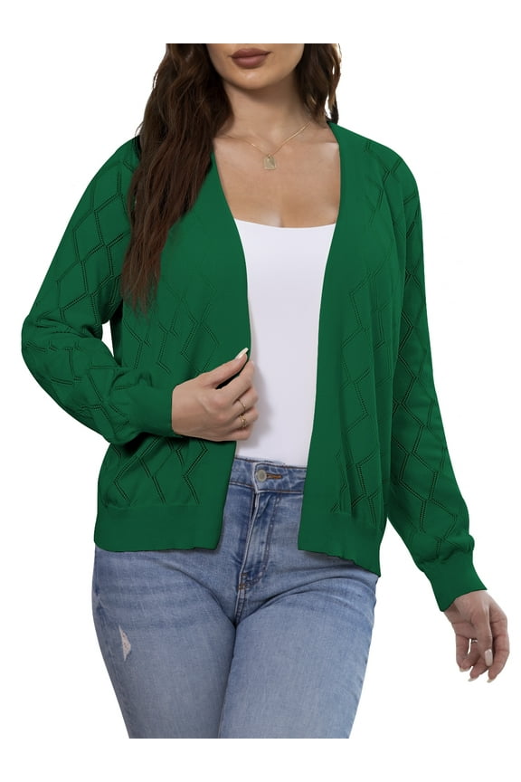 Women's Casual Cardigan Long Sleeve Front Open Lightweight Rhombic Grid Knit Sweaters,S-2XL