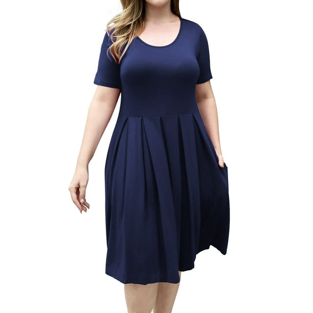 Verabendi Women s Plus Size Dresses Short Sleeve Crew Neck Pleated Swing Dress with Pockets l 4xl Size 3XL Blue