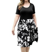 VERABENDI Women's Plus Size Dresses Short Sleeve Crew Neck Pleated Swing Dress with Pockets (L-4XL)