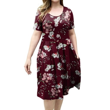 VERABENDI Women's Plus Size Dresses Short Sleeve Crew Neck Pleated Swing Dress with Pockets (L-4XL)