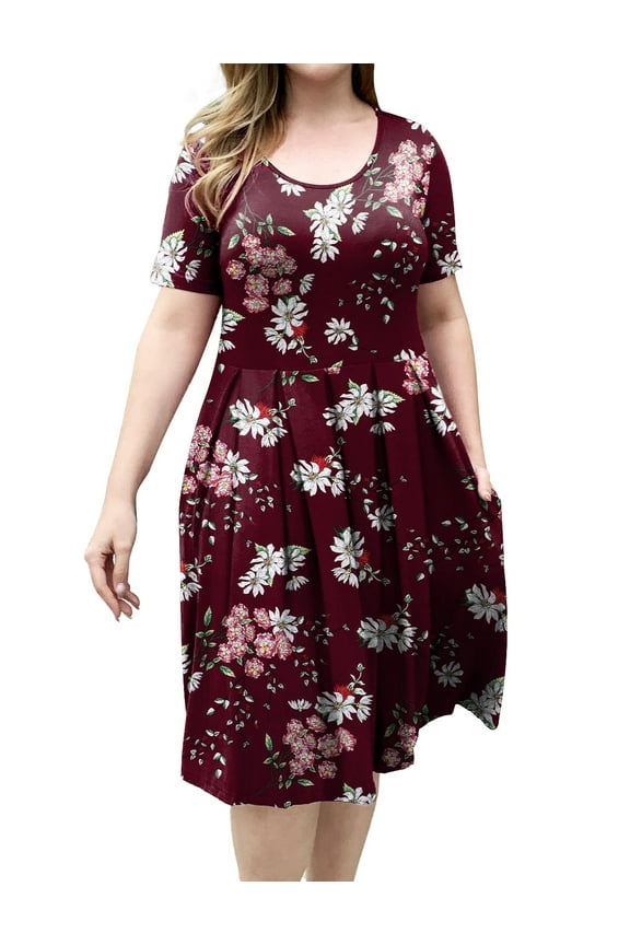 Women's Plus Size Dresses Short Sleeve Crew Neck Pleated Swing Dress with Pockets (L-4XL)