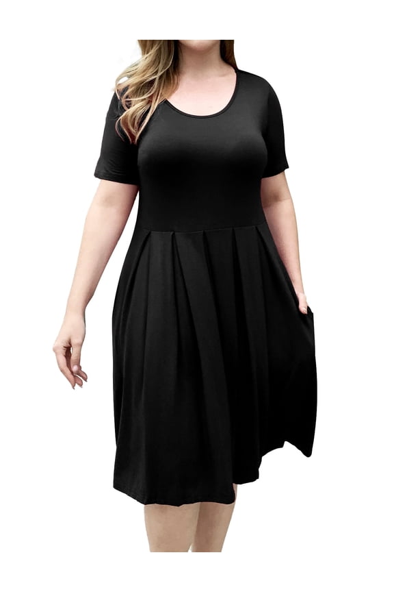 Women's Plus Size Dresses Short Sleeve Crew Neck Pleated Swing Dress with Pockets (L-4XL)