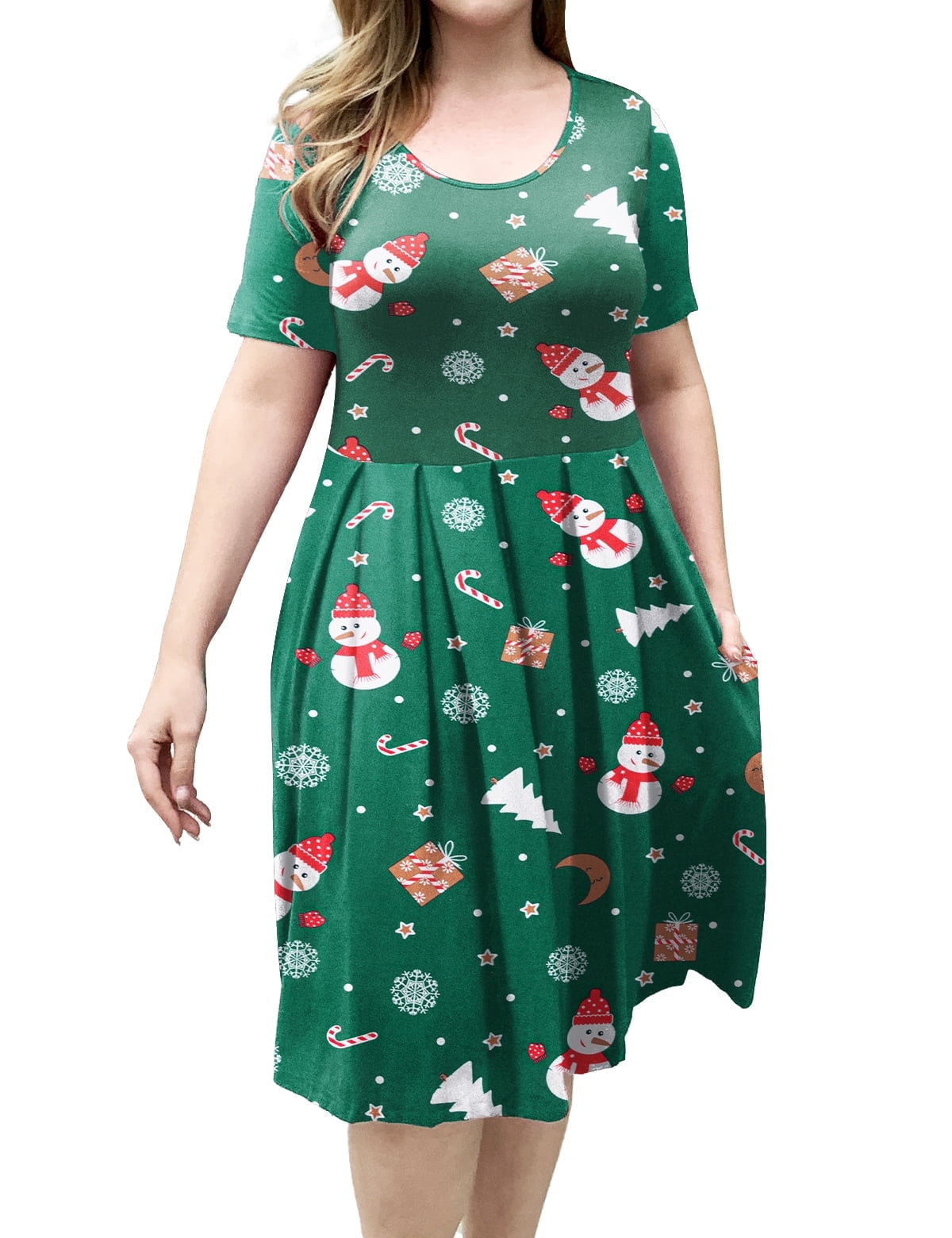 OVERWORETY Women's Plus Size T-Shirt Dress - V-Neck Short Sleeve Swing Tunic With Pockets, Polka Dots (Wine Red, 5X)