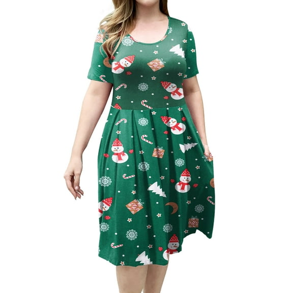 VERABENDI Women's Plus Size Dresses Short Sleeve Crew Neck Pleated Swing Dress with Pockets (L-4XL)